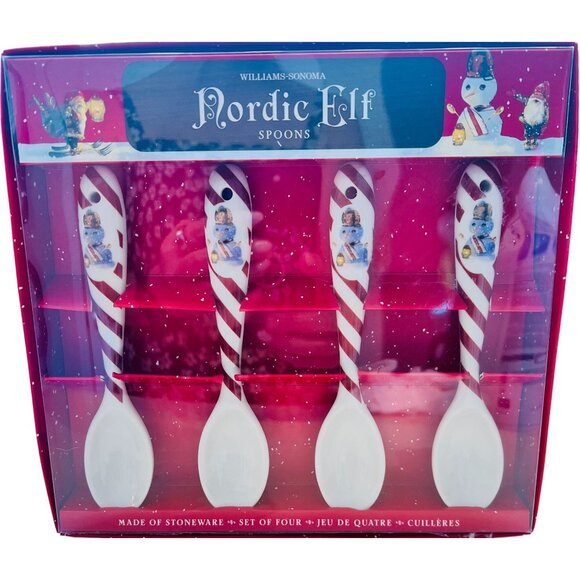Williams Sonoma Nordic Elf Stoneware Spoons Snowman Set of 4 NEW IN BOX - Picture 2 of 4